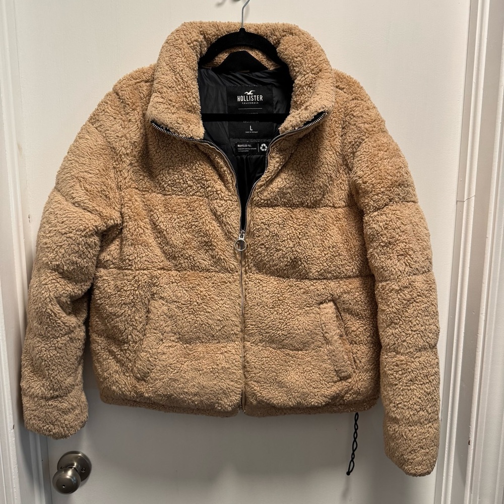 Hollister Womens Mockneck Puffer Sherpa Teddy Faux Fur Jacket Beige Size L